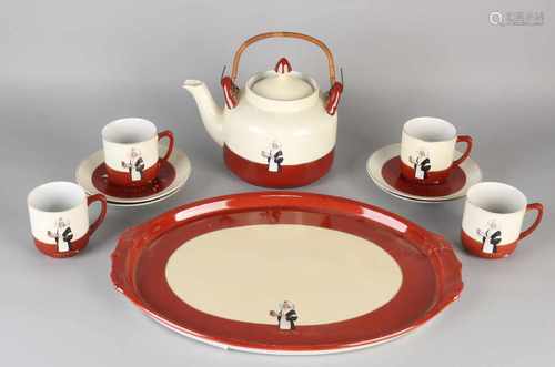 Six-piece antique china set Haarlem Droste Cacao. Circa 1930. Wear. Size: 19 x 40 x 30 cm. In fair /