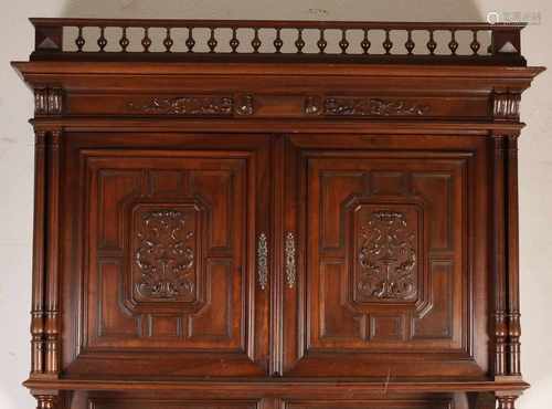 French walnut Henri Deux neo renaissance sideboard with full columns and carved vines. Annotation