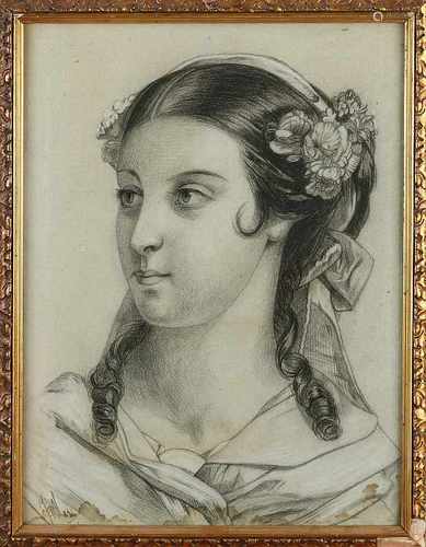 J. Maris. 19th century. Southern European lady. Drawing on paper. Size: 38 x H, B 30 cm. In good