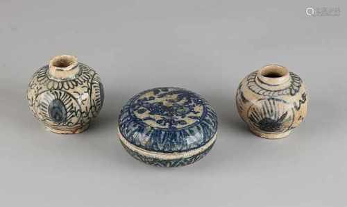 Three parts antique Persian pottery. Consisting of: Two vases, one with edge damage. One box of