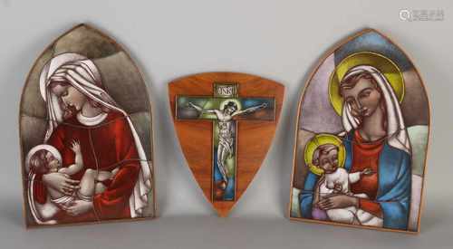 Three religious devotion opaline glass wall plaques. 20th century. Size: 28-38 cm. In good