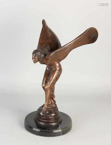 Bronze sculpture on black marble base. 21st century. Spirit of Ecstasy. Rolls Royce. Dimensions: