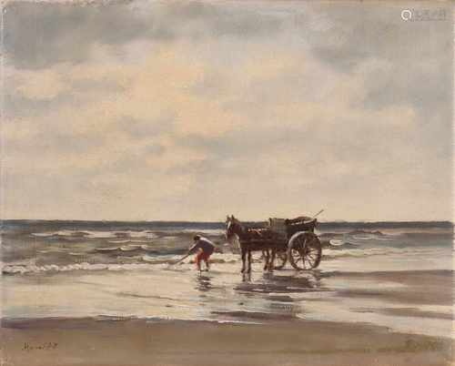 Aarnout of Gilst. 1898 - 1981. Shells Fisherman on beach. Oil on linen. Size: H 24.5 x W 30.5 cm. In