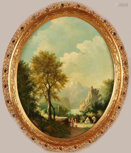 Unsigned. 20th century. Mountain landscape with more, castle and figures. Oil paint on panel.