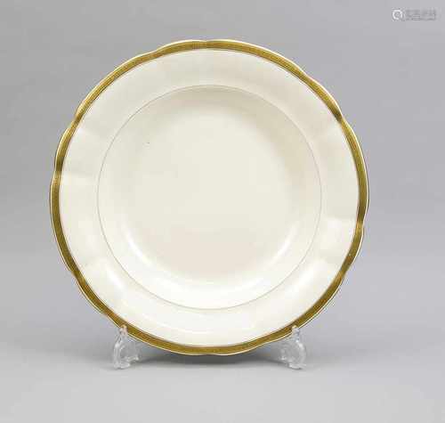 Large antique French decorative porcelain dish with meandering gold rim. Circa 1900. Marked