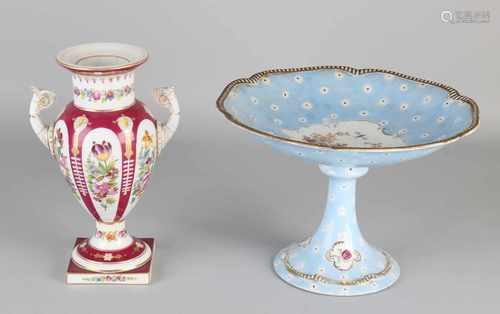 Two parts antique hand painted porcelain with floral decoration. One time Ampfora vase, France.