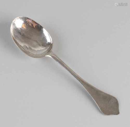 Early 18th century silver spoon with a flat stem and brace-shaped handle, oval-shaped tray with wide