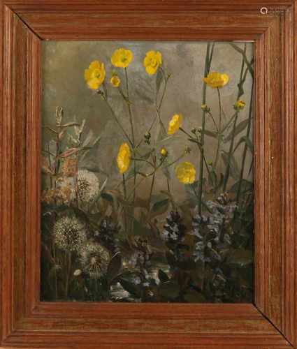 Monogram C.V. Circa 1940. Wildflowers. Oil paint on panel. Size: 24 x H, B 20 cm. In good