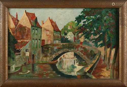 M. Bindoin. 1932. Stadsgezicht with channel. Oil on linen. Size: 30 x H, B 46 cm. In good