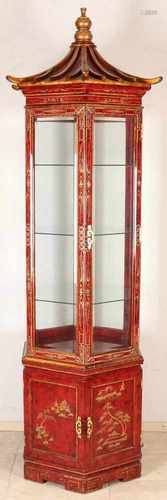 Chinese six-sided painted pagoda-shaped display cabinet with doors and glass shelves. Second half