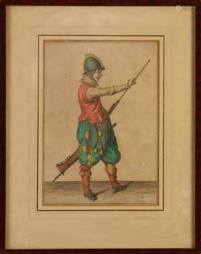 17th - 18th Century hand-colored engraving of a musketeer. Engraving on paper. Size: H 26.5 x W 18.5