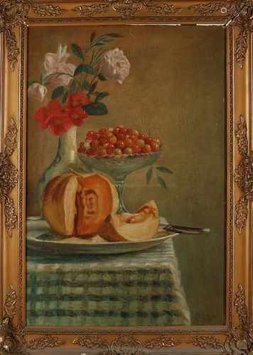 Unclear signed. French School. 1927. Still life with roses and fruit. Oil on linen. Dimensions: H 70