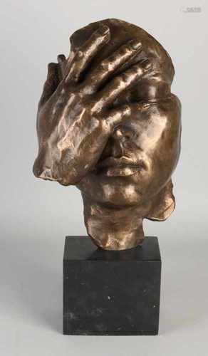 Modern bronze sculpture on black marble base. Hand to face. 21st century. Size: H 43 cm. In good