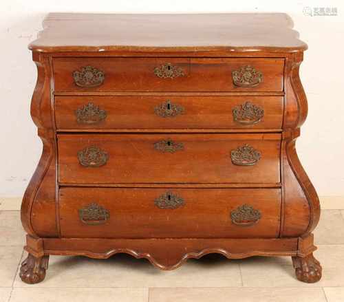 18th Century Dutch Baroque four-drawer chest of drawers with original fittings and claw feet.