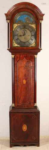 19th Century English mahogany grandfather clock chimes calling in eight quarters battle, seconds and