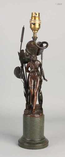 Antique Art Nouveau bronze lamp base with marble base. Woman at waterfront in swimsuit. Circa