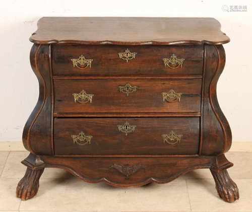 19th Century Dutch Baroque oak chest of drawers with brass fittings and claw feet. Size: 72 x 107