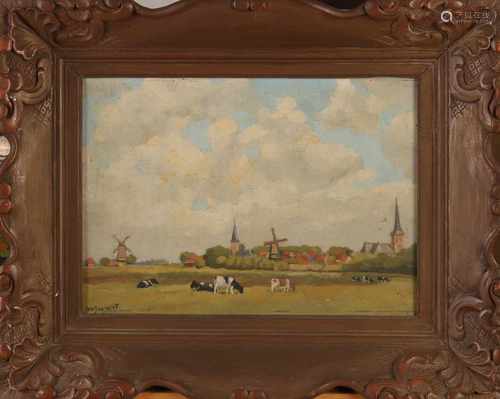 W. Black. Approximately 1930. Dutch landscape with cows. Oil on canvas on panel, marouflé. Size: