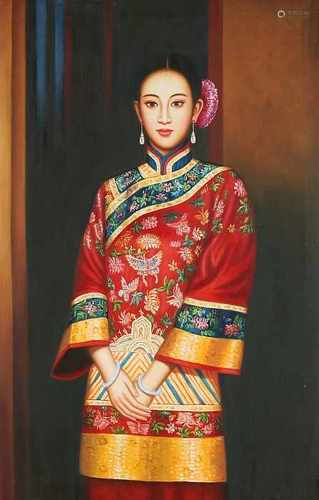 Unsigned. Portrait Chinese woman in traditional dress. Oil on linen. Size: 93 x H, B 62 cm. In