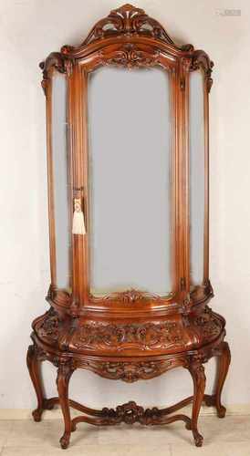 Italian two-piece Baroque walnut cabinet with curved glass and carving. Style furniture. Second half