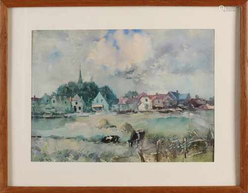 M.C. Resource Corner. 1898 - 1986. Fries village scene with cows in pasture. Watercolor on paper.