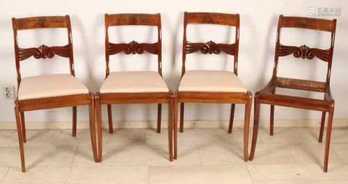 Four mahogany Biedermeier chairs. Shellac. Circa 1860. Size: 90 x 39 x 57 cm. In very good