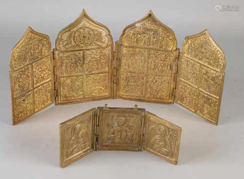 Two antique gilt bronze Russian Orthodox religious icons travel. Triptych, quadrichon. Size: 19-40