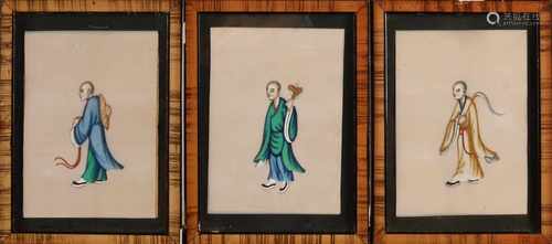 Three antique Chinese rice paper paintings of young monks. Gouaches on paper. Dimensions: H 15 x W