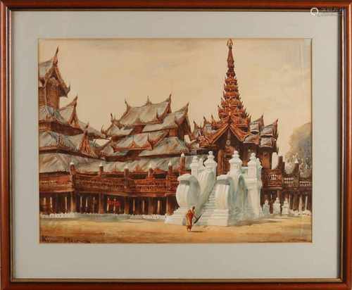 Kyaw Maung. The golden monastry. Watercolor on paper. Size: 37 x H, B 50 cm. In good condition.