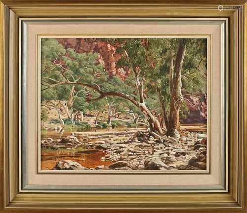 James Holmyard. Australia. 1929 - 2009 Australian landscape with riverbed. River Rocks Ormiston. Oil