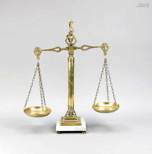 Antique brass balance scales on marble base. In the form of a Corinthian column. Approximately 1900.