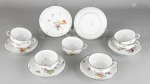 7x Antique German Nymphenburg porcelain cups and saucers. Circa 1900. Hand painted, floral. One