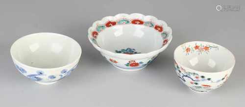 Three antique Japanese / Chinese porcelain bowls. One fold cranes in the sky. One time garden decor,