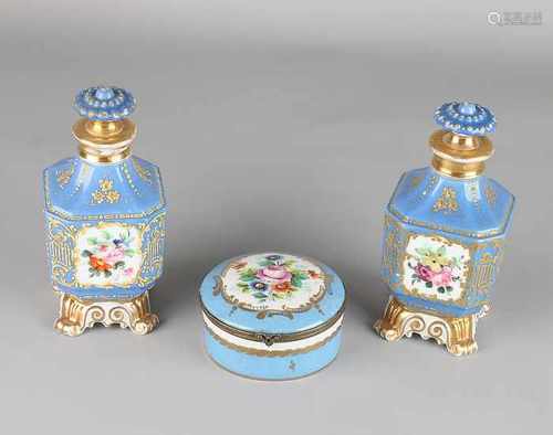 Three parts of French porcelain. Sevres style. Circa 1890. Comprising: Two vials + lid box.