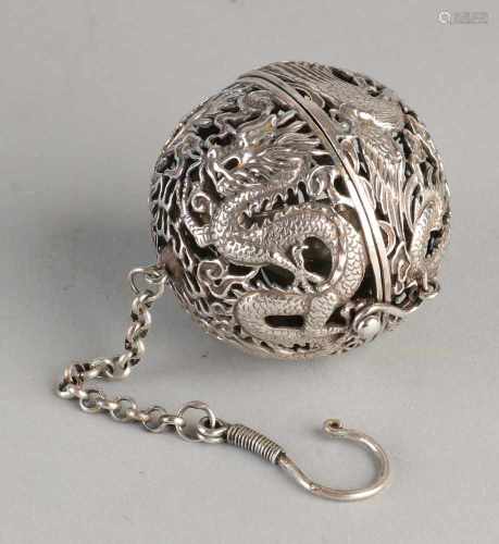 Silver pomander, 800/000, openwork globe with dragons, peacocks and cut floral decor. Provided