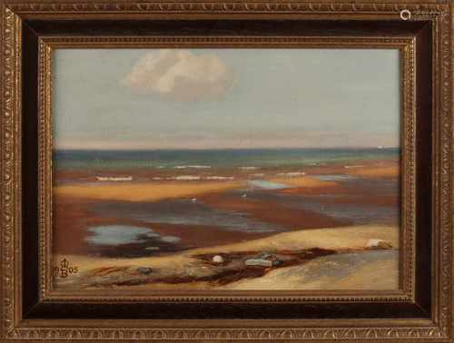 Monogram H.B. 1905. Impressionistic beach scene with surf. Oil on linen. Size: 25 x H B 35 cm. In