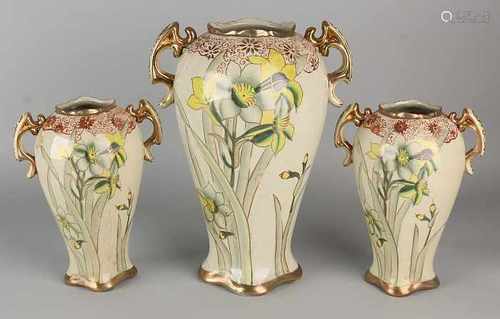 Art Nouveau ceramic vases set. Floral + gold decor. 20th century. Size: 22-32 cm. In good