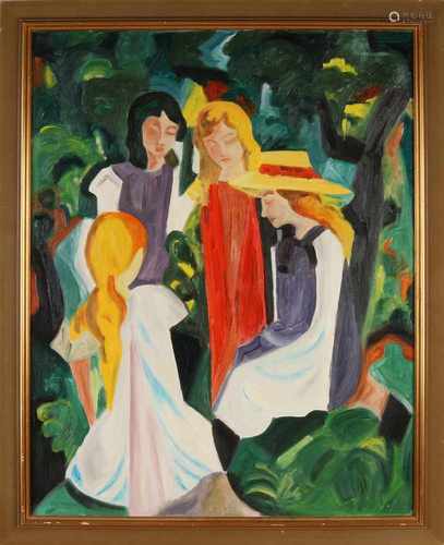 Unsigned. 20th century. Figures in park. Oil on linen. Dimensions: H 85 x W 65 cm. In good