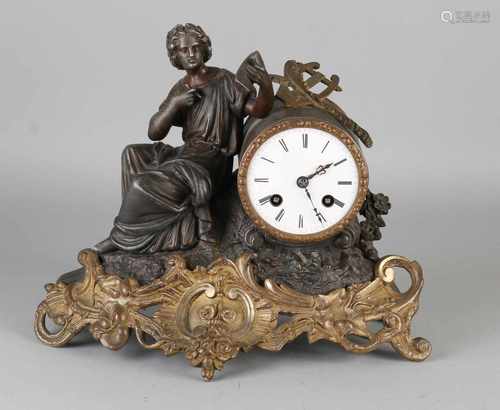 Antique French Louis Philippe mantel clock. Circa 1860. Woman with notepad and lyra. Eight day-