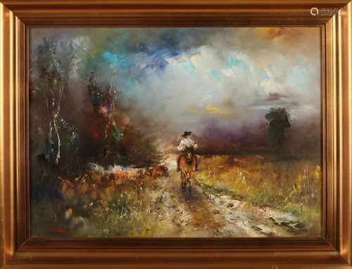 L. Alrnày. 20th century. Hungarian School. Rider in landscape. Oil on linen. Dimensions: H 50 x W 70