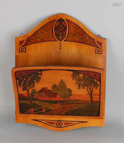 Antique Art Nouveau literature holder with intarsia. With inlaid landscape. Circa 1915. Shrinkage