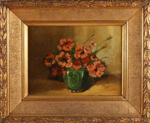 J. Lammers. Circa 1900. Still life with ginger jar and flowers. Oil paint on panel. Size: 33 x H,