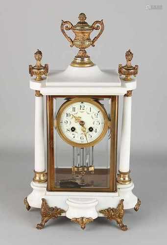 Antique French Carrera marble glass clock with gilt bronze. Eight day-movement, half-hour battle and