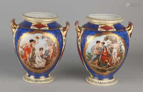 Two Viennese decor porcelain vases with figures and gold decors. Victoria noticed Czechoslovakia.