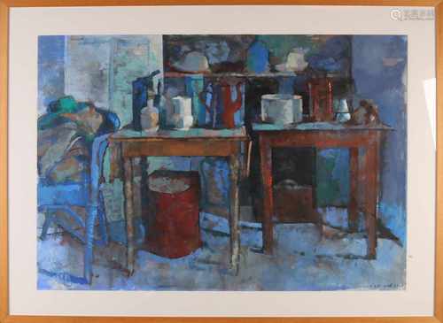 Kees Hak. 2001. 1941 -. Still with tables. Gouache on paper. Dimensions: H 65 x W 95 cm. In good