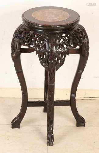 Chinese wood stool stabbed with bamboo decor and marble top. 20th century. Dimensions: H 60 x Ø 30