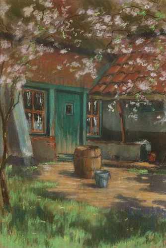 K. Loesen? Farmhouse with blossom. Gouache on paper. Size: 47 x H, B 31 cm. In good condition.