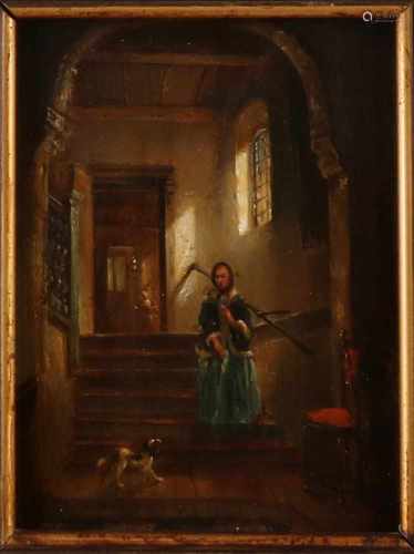 Unclear. 19th century. Possible H.J. Scheeres. Dutch School. Lady with dog stairs. Oil paint on