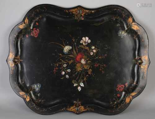 Beautiful large 19th century hand-painted tin tray with floral decor and molded rim. Size: 60 x 80