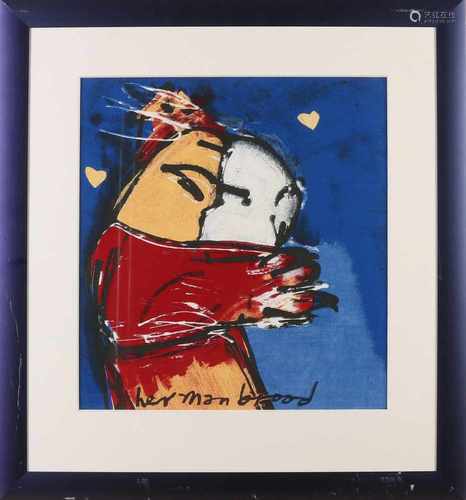 Herman Brood 1946-2001 Texoprint with fantasy figure, the kiss print on linen 41x38 cm in good